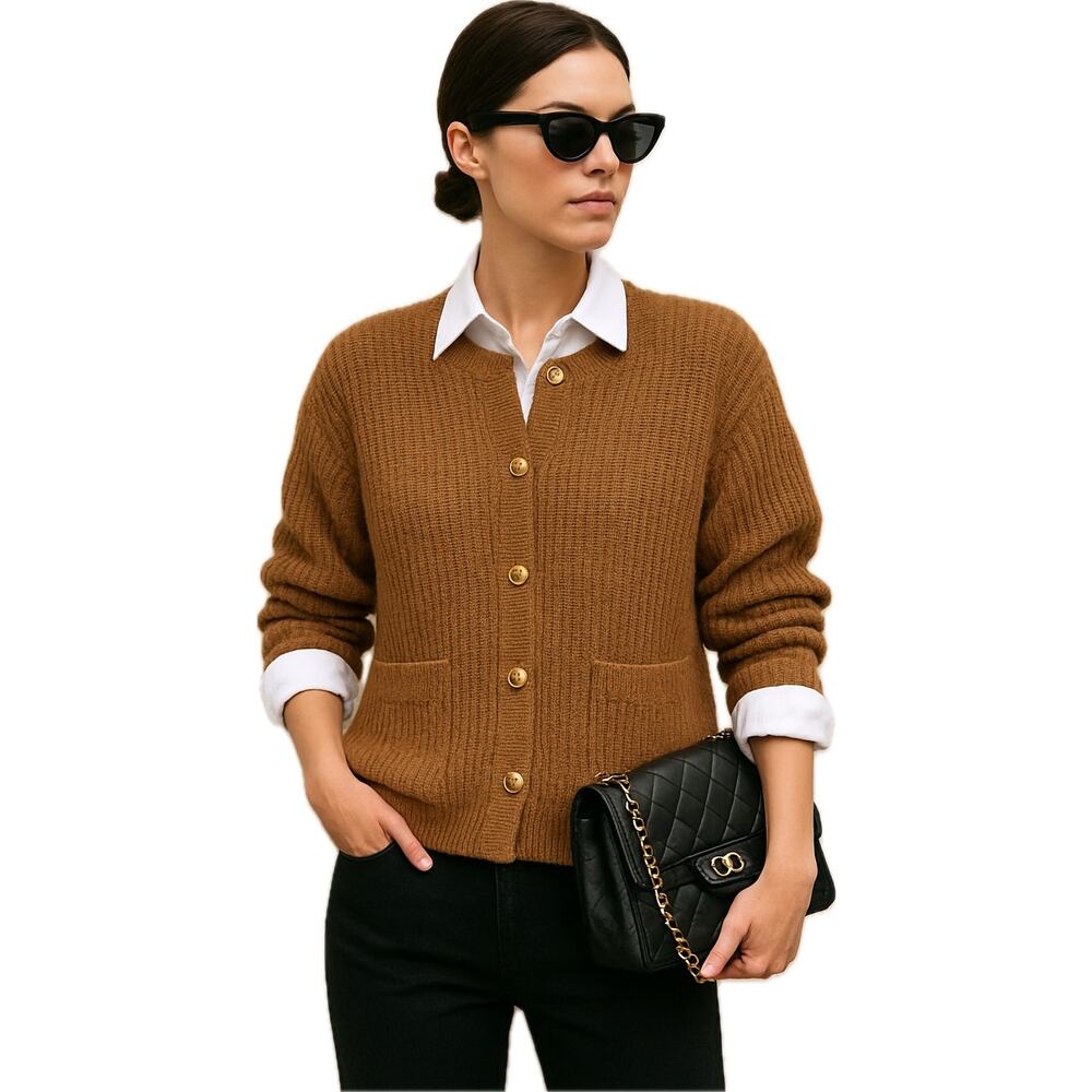Classic Cardigan Sweater Jacket Women's M Tan Gold Buttons Textured